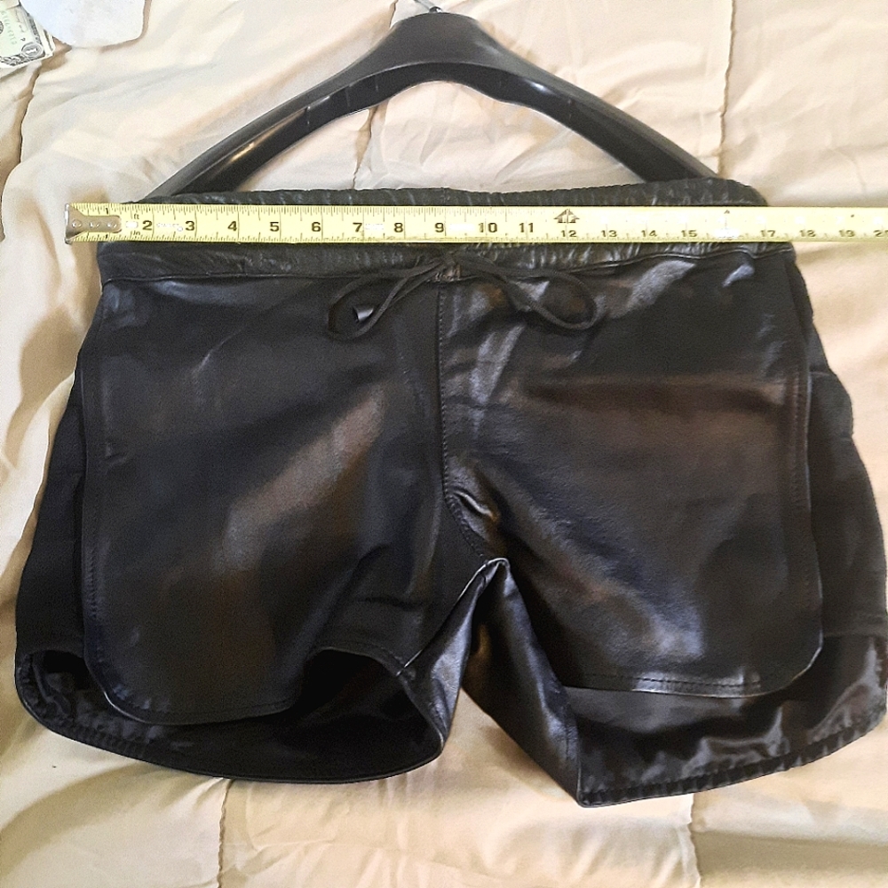Black leather shorts brand new custom made satin lined.size med to large